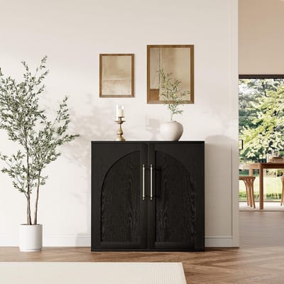 Dressoir / buffetkast met 2 verstelbare planken en kantelbeveiliging – Modern landelijke opberg- en mediakast met gebogen bovenrand voor woonkamer, koffiehoek in de keuken en slaapkamer – 82×80×40 cm – Zwart