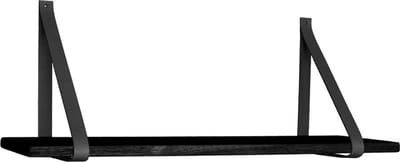 QUVIO Wandplank – Wandplank zwevend – Wandplank hout – Muurplank – Wandplank zwart- Wandplanken – Houten wandplank – Wandplankje – Zwarte wandplank – Wandplankjes – Muurplanken – Wandplank 120 cm – Wandplank met lederen banden – 120 cm – Hout – Zwart