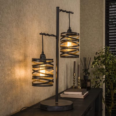 PS-Collection Spindle 2L Tafellamp - 37x23x70cm - Slate Grey - Metaal - tafellamp slaapkamer, tafellamp industrieel, tafellampen woonkamer, tafellamp zwart, tafel lamp, tafellamp slaapkamer industrieel, tafellampje