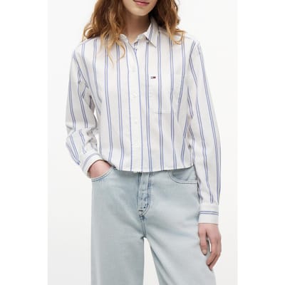 Tommy Hilfiger Relaxed Crop Shirt Ecru/multi Stripe Größe: S | Longsleeves Outlet | Damen | Braun