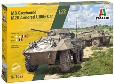 Italeri Modelbouwpakket Militaire voertuigen - 7087 M8 Greyhound / M20 Armored Utility Car WWII - 2-in-1 - Amerikaanse Pantserwagen Plastic - 1:72 - Modelbouw