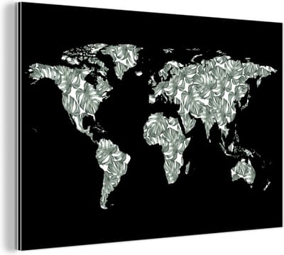Wanddecoratie Metaal - Aluminium Schilderij Industrieel - Wereldkaart - Bladeren - Natuur - 120x80 cm - Dibond - Foto op aluminium - Industriële muurdecoratie - Voor de woonkamer/slaapkamer