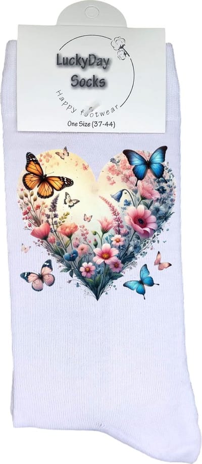 Vlinder - Valentijn sokken - Valentijns Cadeau - Grappige sokken - Leuke sokken - Hem Haar sokken - Vrolijke sokken - Bloemen - Vaderdag - Moederdag - Verjaardag cadeau - Kerst cadeau - Leuk Cadeau - Speciaal cadeau - Sokken maken Happy - Maat 37-44