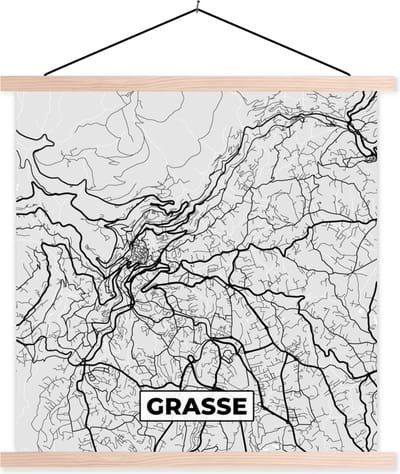 Posterhanger incl. Poster 40x40 cm - Schoolplaat - Kaart - Stadskaart - Grasse - Plattegrond - Frankrijk - Textielposter - Blanke latten - Stadskaart