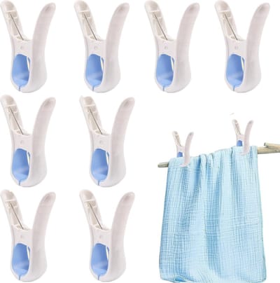 Wasknijpers - 8 Stuks - Wasrek Knijpers - Wasknijpers Plastic - Knijpers Plastic - Strandlaken Knijpers - Grote Handdoek Klemmen - Badlaken Clips - Binnen En Buiten - Duurzaam - Opening 4 Cm - Blauw