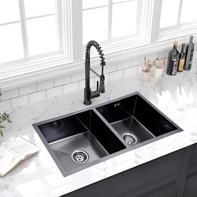 Lendo Online Dubbele spoelbak voor keuken 870x440x200mm (87x44x20cm) Zwart Antraciet RVS - Roestvrij staal - Wasbak met waterafvoersysteem - Gootsteen + bevestigingshaken