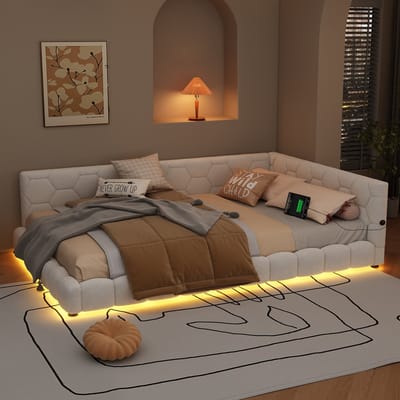 Ligbed - 140*200cm - slaapbank - zonder matras - 16 kleuren omgevingslicht - USB-poort - Type-C - imitatiefleece - wit