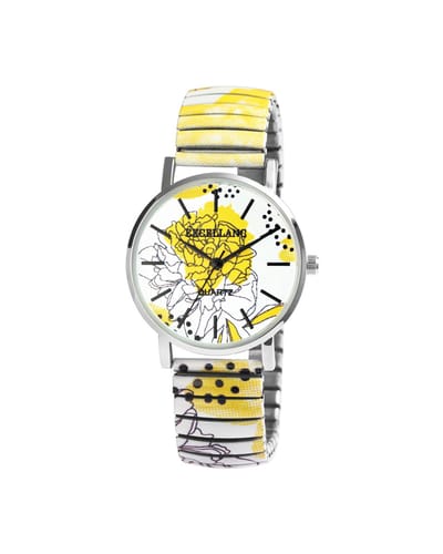 Excellanc-model 1700060-014-Dameshorloge-rekbare band-Multicolor-geel-zwart-wit-3 atm waterdicht-diameter 35mm