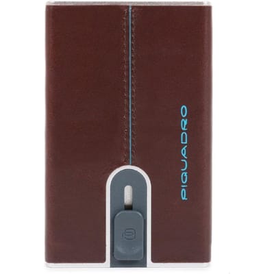 Piquadro, Blue Square, Porte-cartes en cuir, Système coulissant carré avec porte-billets, PP5358B2R, Acajou, Pour Hommes