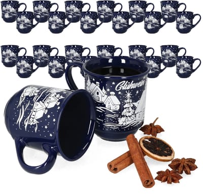 3160110 - Set van 36 glühwein mokken in donkerblauw met kerstlandschap 0.2L gekalibreerd ZONDER LICHT