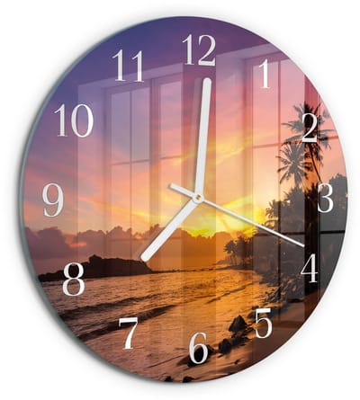 Tulup Wandklok - Zonsondergang Gekleurde Glazen Klok - 30fi cm - Veelkleurig Glazen Klok Met Print - Witte Handen - Ronde Wandklok - Klok Glas Met Opdruk - Moderne Wandklok Glas
