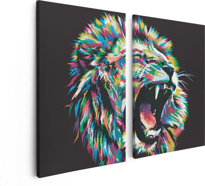 Artaza Canvas Schilderij Tweeluik Gekleurde Leeuw - Leeuwenkop - Abstract - 80x60 - Foto Op Canvas - Canvas Print
