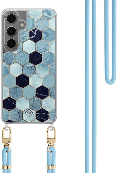 Casimoda® hoesje met koord - Geschikt voor Samsung S24 Plus - Blue Cubes - Afneembaar koord - TPU/polycarbonaat - Blauw