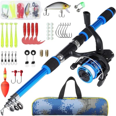 SnelShoppen - Kids Fishing Set - Telescopische Hengel 180 cm met Visspullen, Molen, Bait en Camouflage Draagtas voor Kinderen, Beginners en Buitenacti