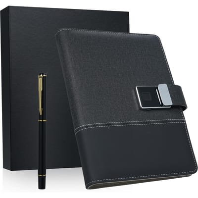 A5 leren notitieboek met vingerafdrukslot en 16 GB HighSpeed USB-stick, gelinieerd dagboek en planner zwart