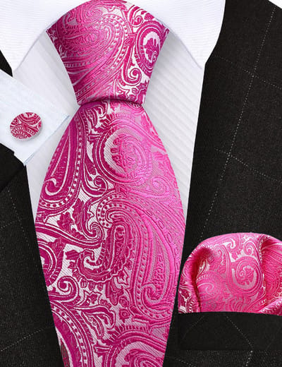 Sorprese Stropdas met Pochet en Manchetknopen - Paisley Cerise - 8cm - 100% Zijde - Pochette - Kerst - Cadeau