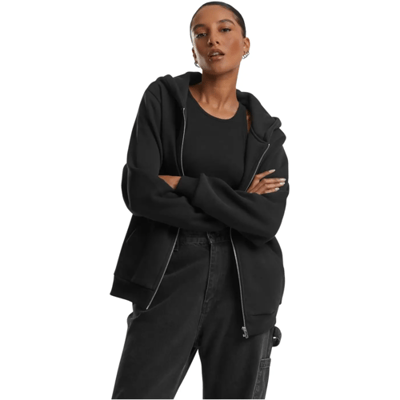 Urban Classics dames pluizig capuchonvest met rits van sweatstof en fleece - capuchonvesten met doorlopende rits zwart 3XL