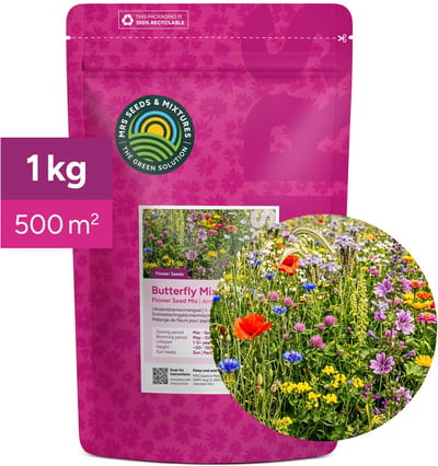 MRS Vlinderbloemenmengsel - 1 kg voor 500 m² - één en meerjarige wilde bloemen - Hoge aantrekkingskracht op vlinders - 23 soorten Bloemzaden - Kleurrijke Bloemenweide