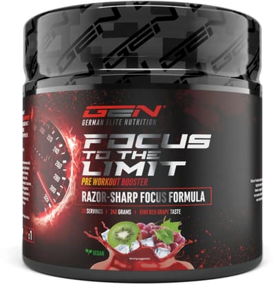 GEN Focus to the Limit – 240 g – Kiwi-Druif smaak – Pre-workout booster met 250 mg cafeïne, ginseng, rhodiola & ginkgo – Met B-vitaminen – Vegan & suikervrij