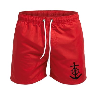Rode zwembroek heren met anker print – heren zwem short met elastische tailleband en wit trekkoord – korte strand zwembroek met mesh voering en zijzakken – effen rode zwem short voor strand en zwemmen – maat S
