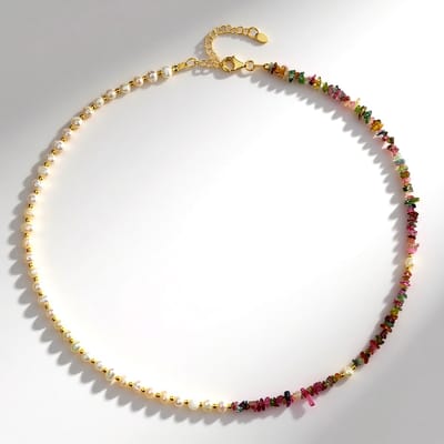 Cavill - Vergulde 925 Sterling Zilveren Halsketting met Toermalijnen (19,409 ct) en Perzik Zoetwaterparels - Elegante Dames Sieraad - 45cm Verl.