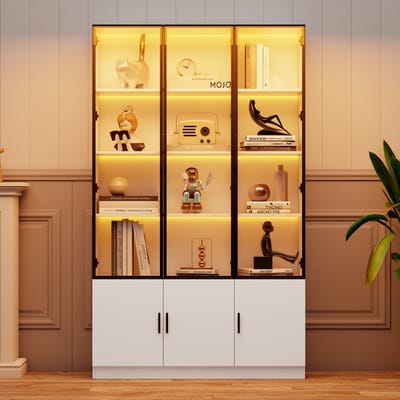 Vitrinekast - 120 x 32 x 200 cm - Hoge Kast met LED - 6 Deuren en Multifunctioneel - Glas - Wit