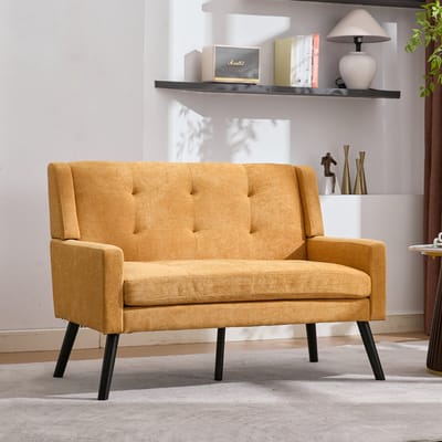 MODFU - 2-Zits Zitbank - Geknoopt Design - Massiefhouten Poten - Scandinavische Stijl - Voor Woonkamer Of Slaapkamer - Linnen - Geel