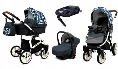 BabyLux® Kinderwagen 4in1 – OPTIMAL - GREY MORO WHITE FRAME - Opklapbare Wandelwagen incl. Reiswieg, Multifunctionele Buggy Sportstoel, Autostoel, ISOFIX basisstation - Combi-kinderwagen met Luiertas, Regenhoes, Klamboe
