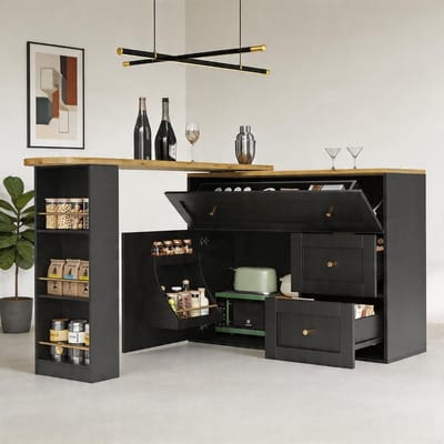 Komhtom - Uitschuifbare bartafel met opbergruimte - 138-204×39×105 cm - Keukenkast en dressoir met snackplank - Telescopische statafel, bistrotafel en keukeneiland - Zwart