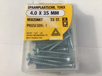 Spaanplaat schroeven.Platkop-TORX 4.0 x 35 MM. Lang. VERZINKT 23 Stuks HOUTSCHROEF DeltafiX .