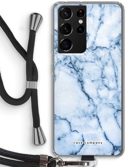 Case Company® - Hoesje met koord geschikt voor Samsung Galaxy S21 Ultra hoesje met Koord - Blauw marmer - Telefoonhoesje met Zwart Koord - Bescherming aan alle Kanten en Over de Schermrand