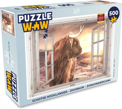 Puzzel Schotse hooglander - Doorkijk - Zonsondergang - Legpuzzel - Puzzel 500 stukjes