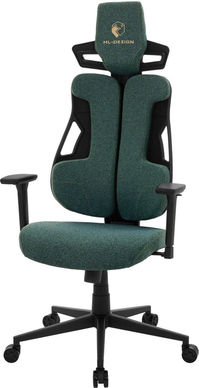 Gaming stoel met armleuning, hoofdsteun en lendensteun groen, gemaakt van stof ML-Design