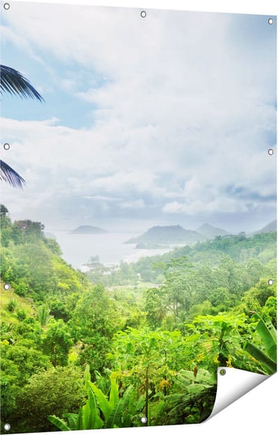 Gards Tuinposter Jungle Uitzicht op de Seychellen - 90x120 cm - Tuindoek - Tuindecoratie - Wanddecoratie buiten - Tuinschilderij
