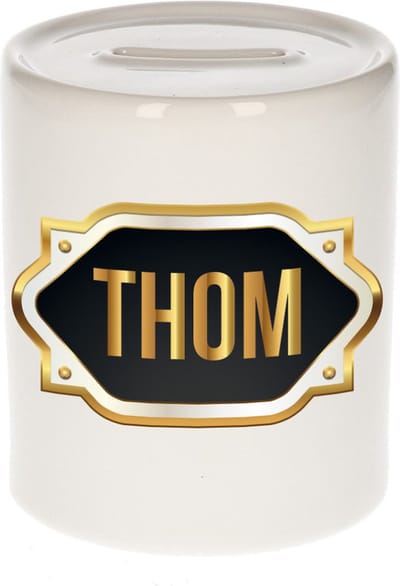 Spaarpot met voornaam Thom - wit - met goud/zwart embleem - 8 x 9 cm - keramiek - met afsluitdop - cadeau verjaardag