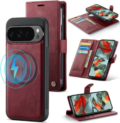 Casemania Hoesje Geschikt voor Google Pixel 10 Pro - Burgundy Red - 2 in 1 Magnetische Book Case met Uitneembare Back Cover - Geschikt voor Qi2 en MagSafe - Telefoonhoesje met Pasjeshouder - Rood