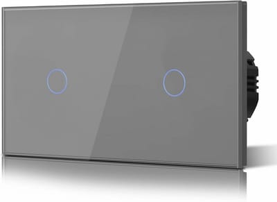 Dubbele touch lichtschakelaar 1-voudig voor wandmontage, LED-achtergrondverlichting, gehard glas, geen neutrale geleider, grijs