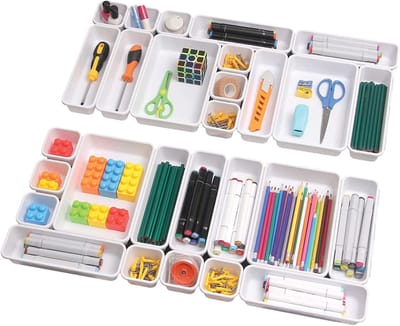 Set van 8 Lade Organizer Set, Kunststof Opbergers en Ladebakjes in 3 Maten, 24 Witte Sorteerboxen voor Bureau, Badkamer, Make-Up, Keuken en Thuis