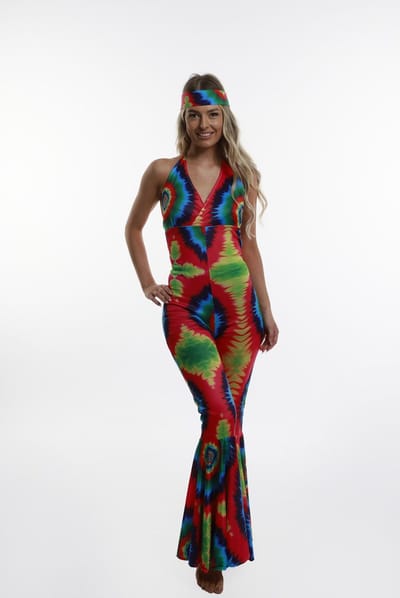 Karnival Costumes Jumpsuit Tye Dye Foute Party Neon Carnavalskleding Dames Hippie 60's 70's Carnaval Retro - Polyester - Maat S - Jumpsuit met vastgenaaide riem, let op: Hoofdband niet inbegrepen