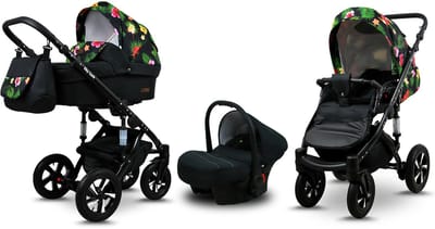BabyLux® Kinderwagen 3in1 – SKY LARK - Paradise Flowers BLACK FRAME - Opklapbare Wandelwagen incl. Reiswieg, Multifunctionele Buggy Sportstoel, Autostoel - Combi-kinderwagen met Luiertas, Regenhoes, Klamboe, Bekerhouder, etc.
