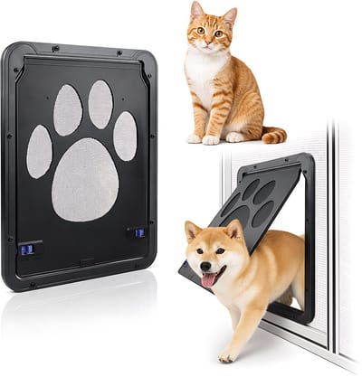 Kattenluik voor Hordeur 29 x 24 cm - Afsluitbare Kattendeur met Magnetische Sluiting en 2 Schuifsloten - Huisdierenluik van ABS en Nylon Gaas voor Katten en Kleine Honden - Inclusief Bevestigingsmateriaal - Zwart
