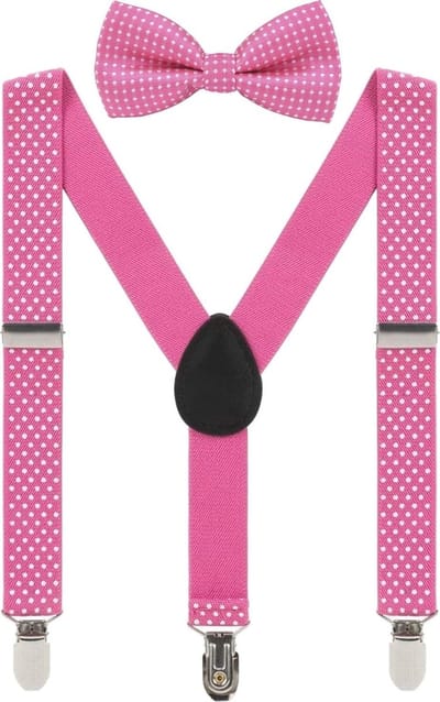 Fako Fashion - Kinder Bretels Met Vlinderstrik - Kinderbretels - Vlinderdas - Strik - Stipjes - 65cm - Donkerroze