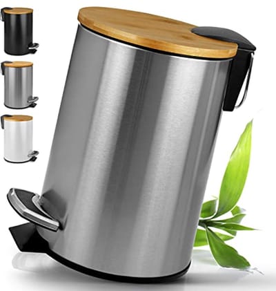 Cosmetica-emmer met bamboedeksel en softclose-mechanisme - 5 Liter, Zilver