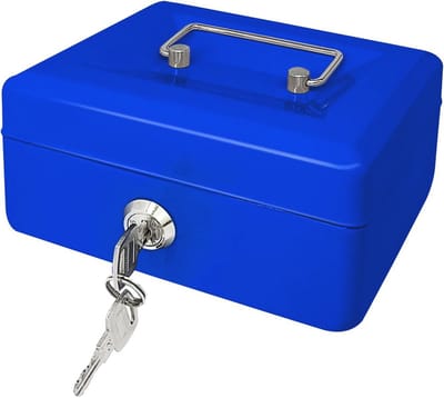 Metalen Geldcassette met Sleutelslot - Opbergdoos voor Contanten en Munten (Blauw, 15 x 12 x 8 cm)