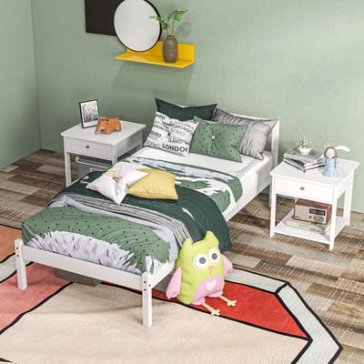 MODFU - Eenpersoonsbed – 90x200 cm – Met lattenbodem & hoofdbord – Natuurlijk design – Grenenhout – Wit
