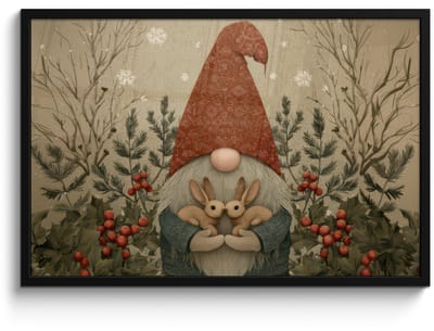 Poster in lijst - Fotolijst 90x60 cm - Posters - Kerstgnome - Konijntjes - Kleurrijk - Posterlijst zwart - Decoratie - Wanddecoratie woonkamer - Muurdecoratie slaapkamer - Kerstversiering - Kerstdecoratie voor binnen - Kerstmis