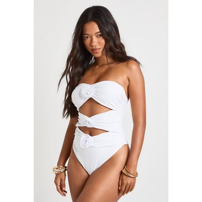 boohoo Dames Badpak Met Bloemenversiering En Cut-outs In Bandeau-stijl | Wit | Maat: 36