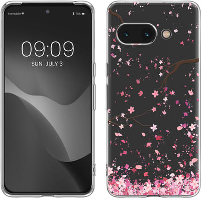 kwmobile telefoonhoesje geschikt voor Google Pixel 9a - Hoesje voor smartphone in poederroze / donkerbruin / transparant - Kersenbloesembladeren design