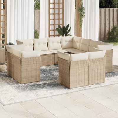 vidaXL - 11-delige - Tuinset - met - kussens - poly - rattan - beige