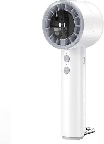 Mini draagbare handventilator met LED-display, 3000mAh USB-oplaadfunctie, 5 windsnelheden, geschikt voor reizen, kamperen, thuis en op kantoor - Wit